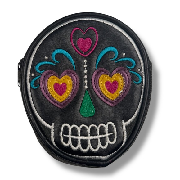 Day of the Dead Sugar Skull Coin Purse Embroidered Heart Eyes Small Zipper Pouch - Picture 1 of 6